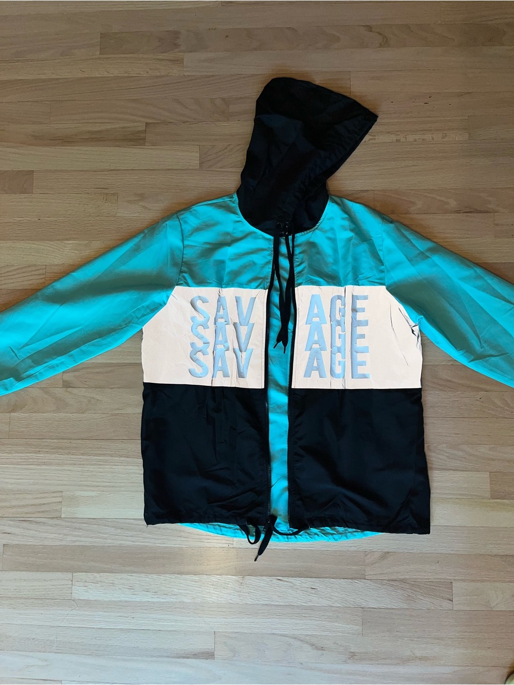 Colorblock Hooded Windbreaker Jacket - Teal, Black, Reflectice 'Savage' on front